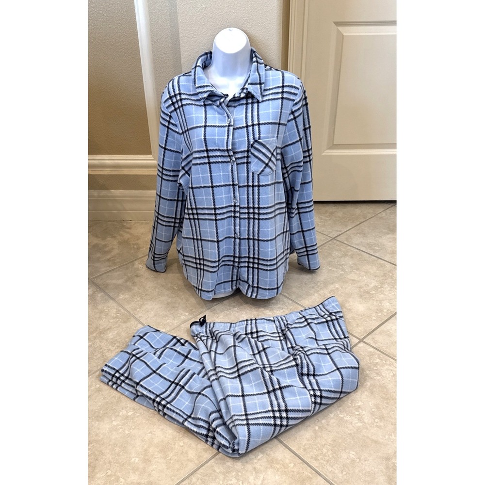 NWOT Cuddl Duds Pajama Set Womens XL Blue Plaid‎ Fleece Soft Comfort Loungewear
